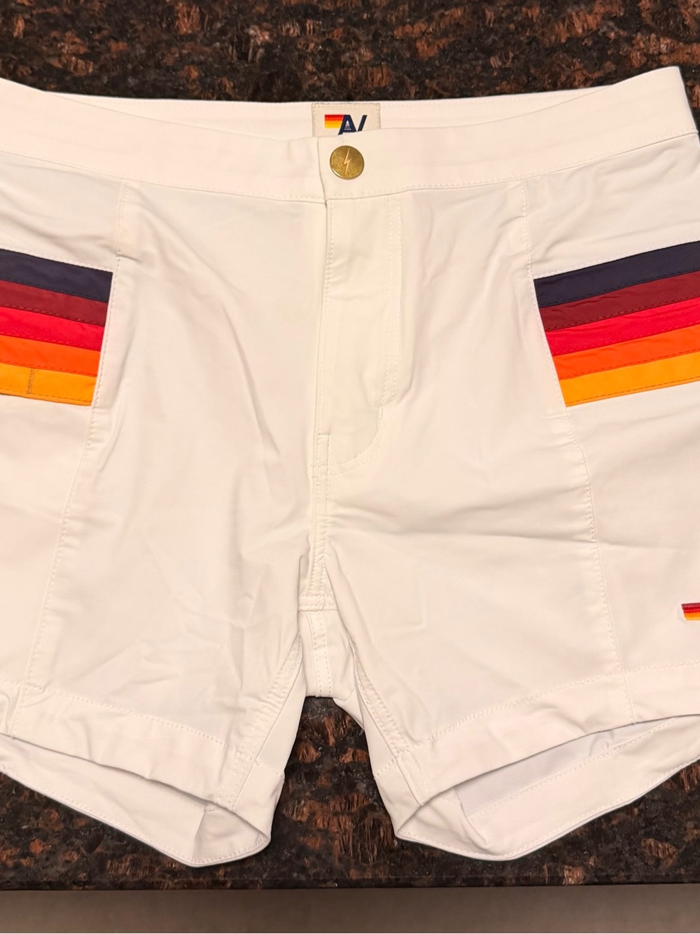 Aviator Nation White Swim Shorts with Signature Rainbow Tag NWOT